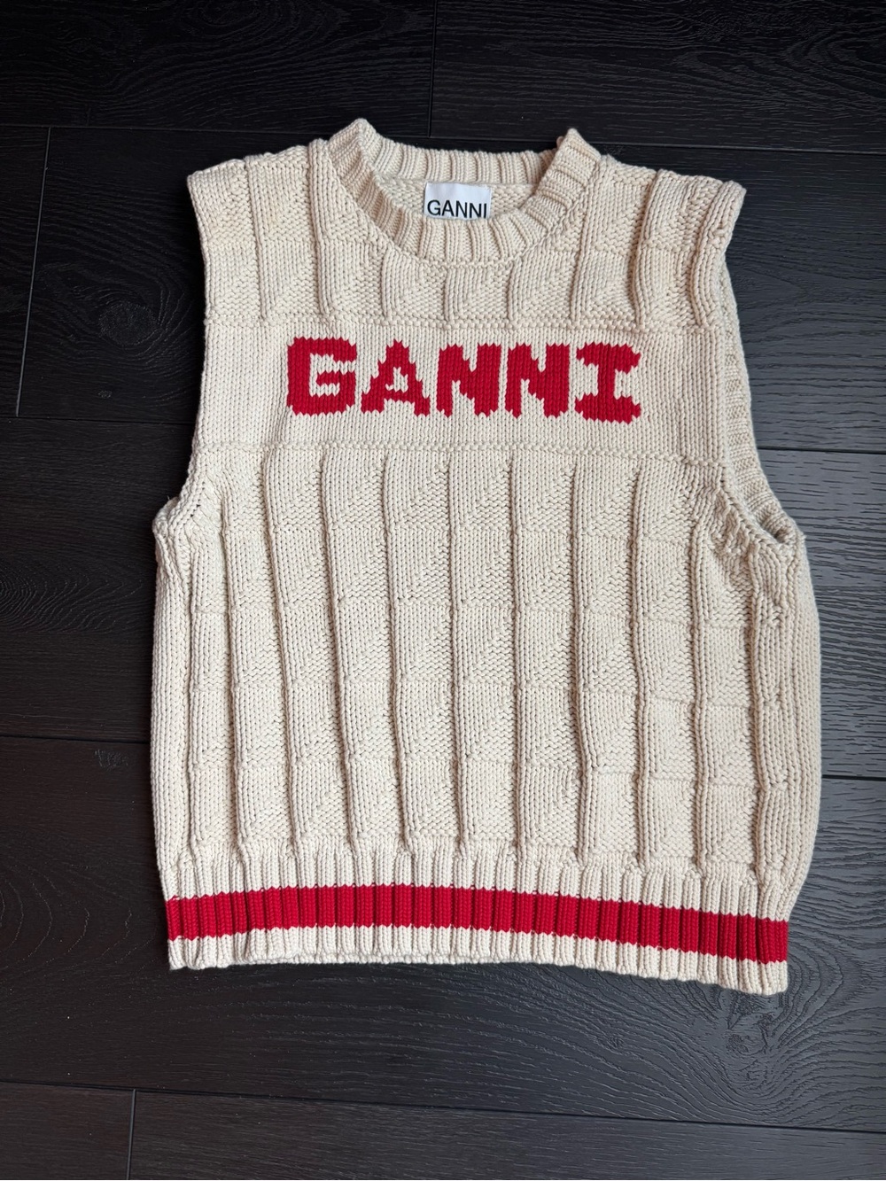 Ganni Cream Knit Sleeveless Sweater Vest with Red Logo and Hem